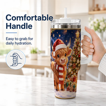 #pl[40oz|White] Cute Christmas Highland Cow 40oz Tumbler, Holiday Travel Cup