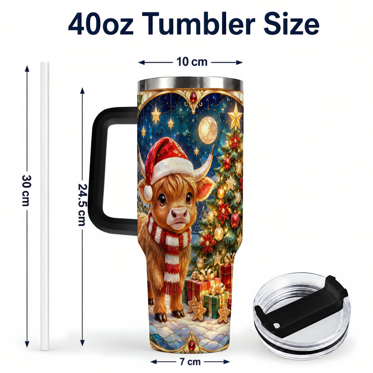 #pl[40oz|Black] Stained Glass Christmas Cow 40oz Tumbler, Holiday Steel Travel Cup