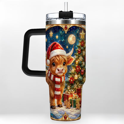 #pl[40oz|Black] Stained Glass Christmas Cow 40oz Tumbler, Holiday Steel Travel Cup