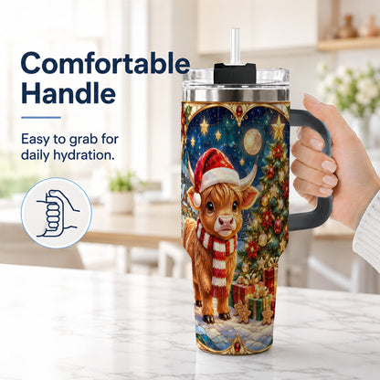 #pl[40oz|Black] Stained Glass Christmas Cow 40oz Tumbler, Holiday Steel Travel Cup