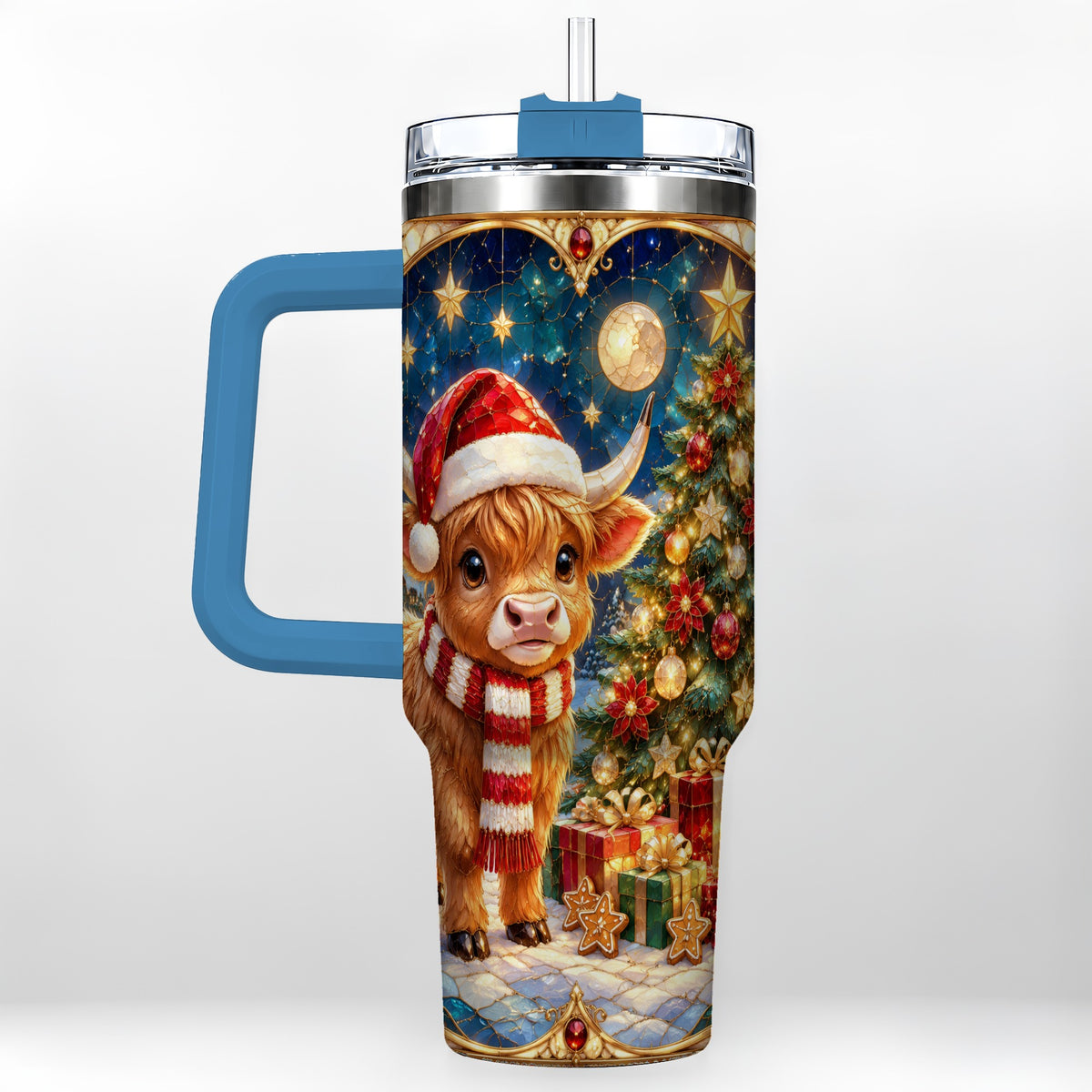 #pl[40oz|Blue] Stained Glass Christmas Cow 40oz Tumbler, Holiday Steel Travel Cup