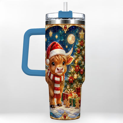 #pl[40oz|Blue] Stained Glass Christmas Cow 40oz Tumbler, Holiday Steel Travel Cup