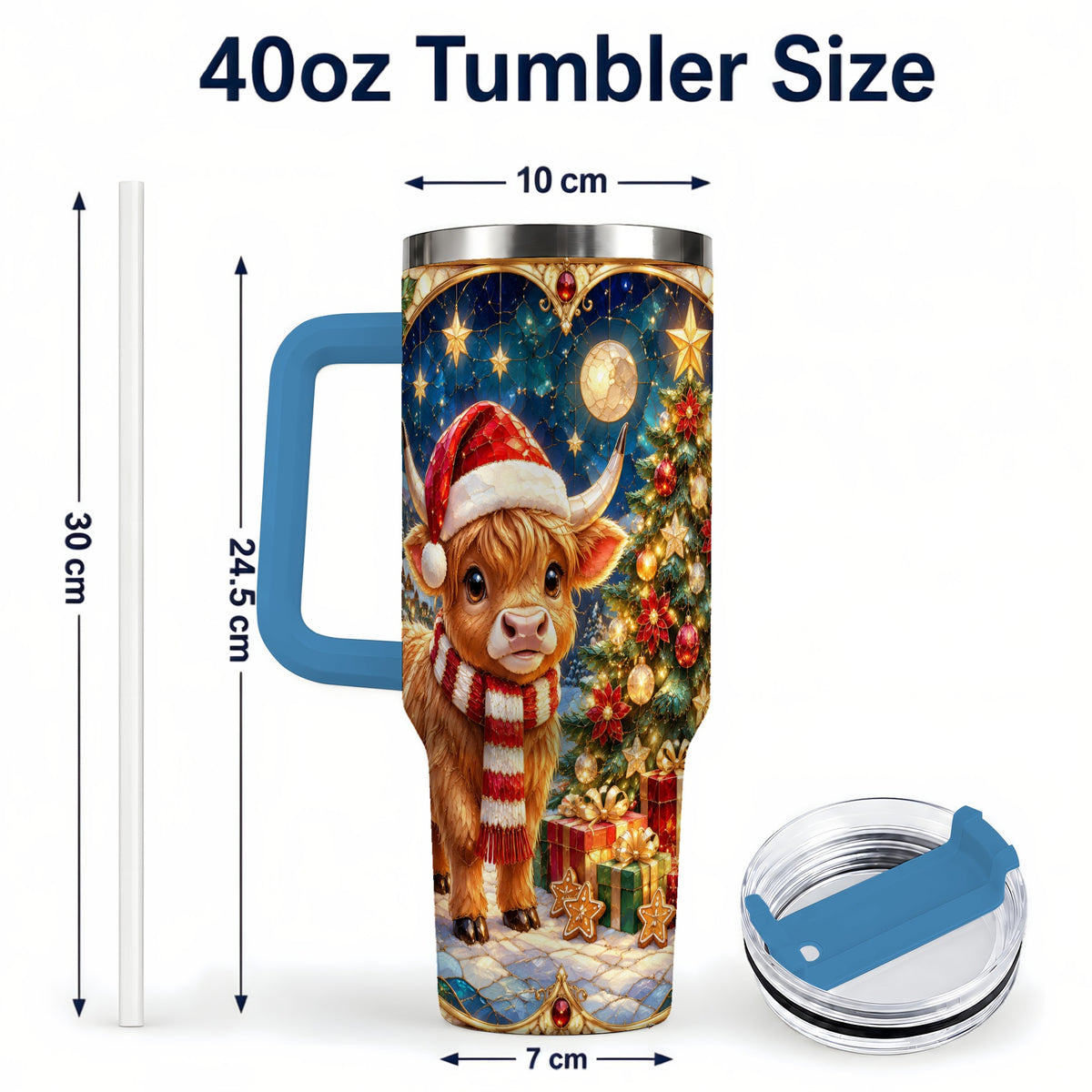 #pl[40oz|Blue] Stained Glass Christmas Cow 40oz Tumbler, Holiday Steel Travel Cup