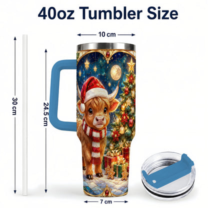 #pl[40oz|Blue] Stained Glass Christmas Cow 40oz Tumbler, Holiday Steel Travel Cup