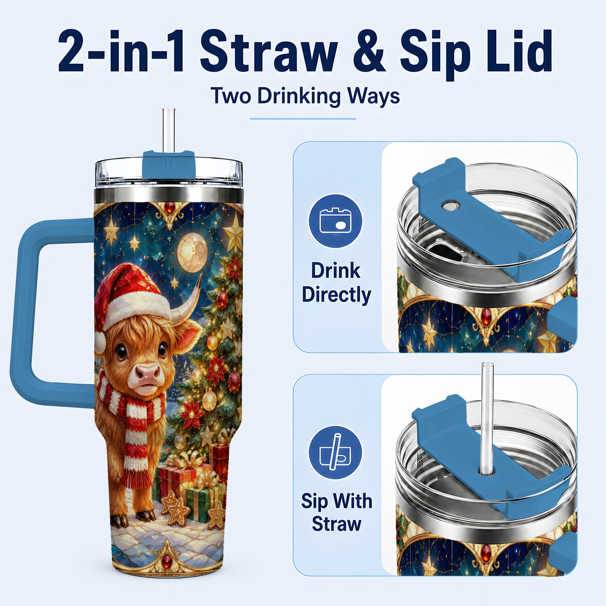 #pl[40oz|Blue] Stained Glass Christmas Cow 40oz Tumbler, Holiday Steel Travel Cup