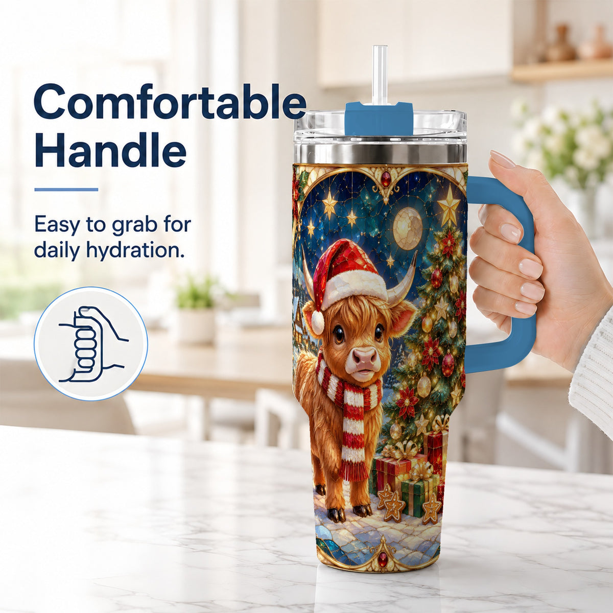 #pl[40oz|Blue] Stained Glass Christmas Cow 40oz Tumbler, Holiday Steel Travel Cup