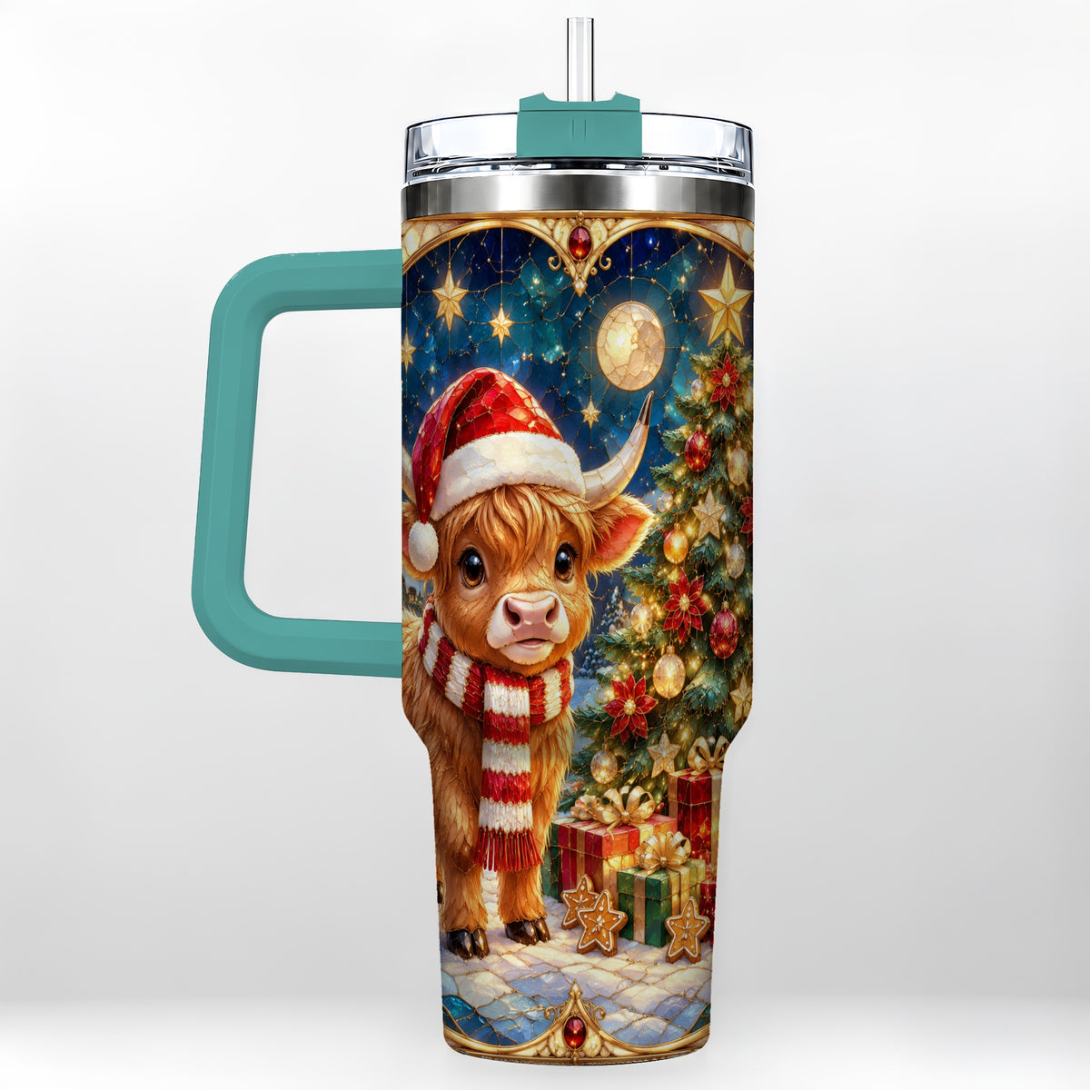 #pl[40oz|Green] Stained Glass Christmas Cow 40oz Tumbler, Holiday Steel Travel Cup
