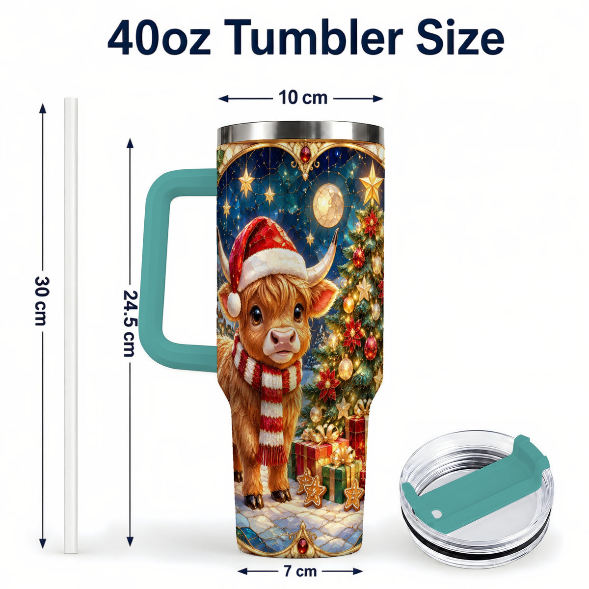 #pl[40oz|Green] Stained Glass Christmas Cow 40oz Tumbler, Holiday Steel Travel Cup