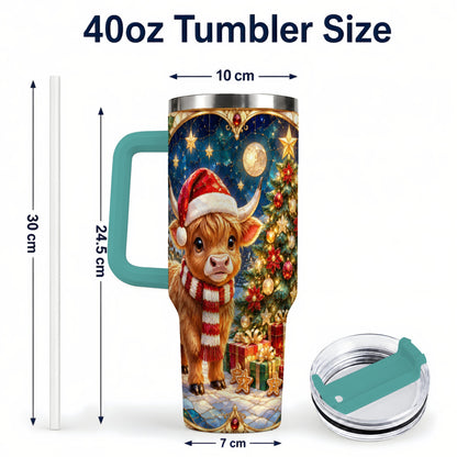 #pl[40oz|Green] Stained Glass Christmas Cow 40oz Tumbler, Holiday Steel Travel Cup
