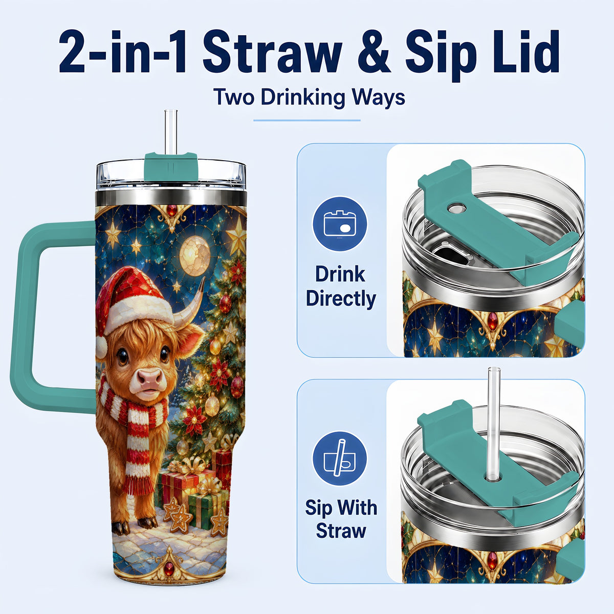 #pl[40oz|Green] Stained Glass Christmas Cow 40oz Tumbler, Holiday Steel Travel Cup