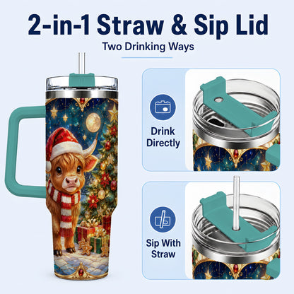 #pl[40oz|Green] Stained Glass Christmas Cow 40oz Tumbler, Holiday Steel Travel Cup