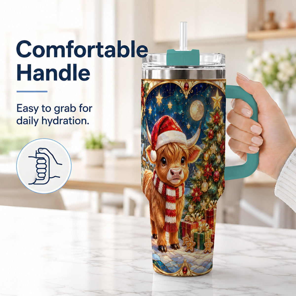 #pl[40oz|Green] Stained Glass Christmas Cow 40oz Tumbler, Holiday Steel Travel Cup