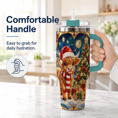 #pl[40oz|Green] Stained Glass Christmas Cow 40oz Tumbler, Holiday Steel Travel Cup