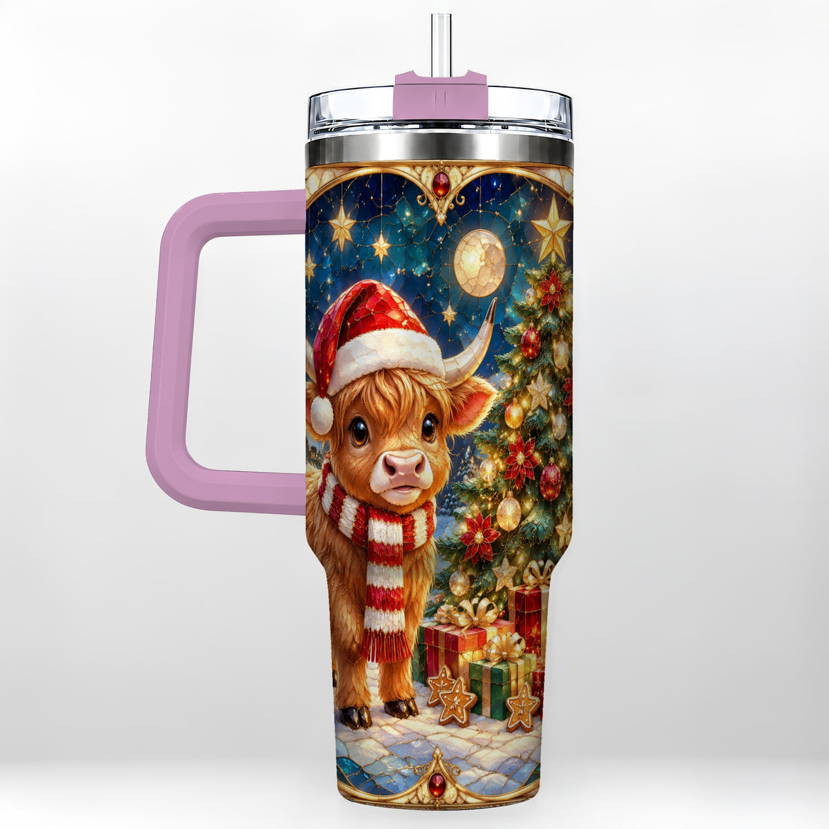 #pl[40oz|Pink] Stained Glass Christmas Cow 40oz Tumbler, Holiday Steel Travel Cup