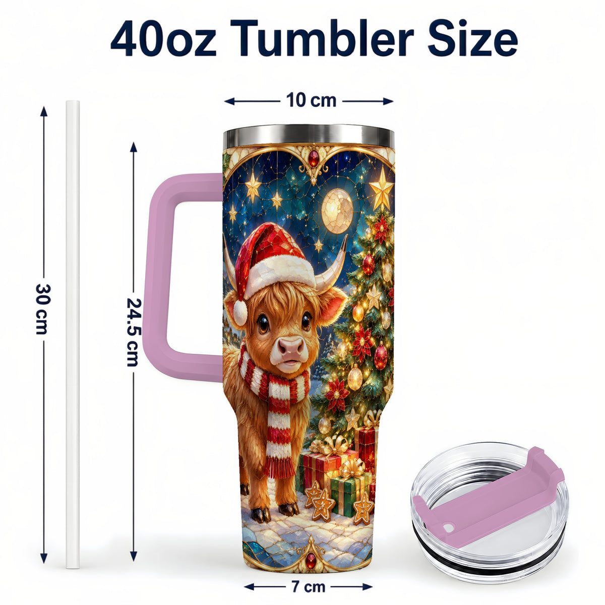 #pl[40oz|Pink] Stained Glass Christmas Cow 40oz Tumbler, Holiday Steel Travel Cup