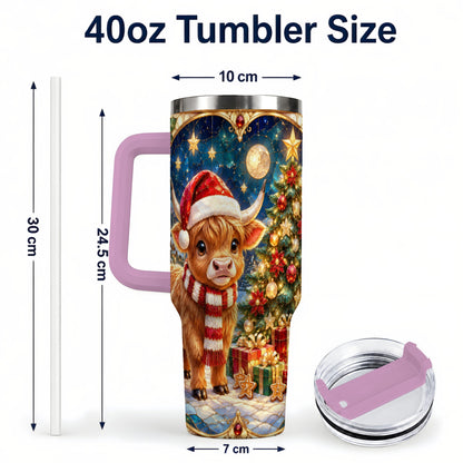 #pl[40oz|Pink] Stained Glass Christmas Cow 40oz Tumbler, Holiday Steel Travel Cup