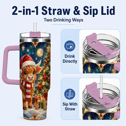 #pl[40oz|Pink] Stained Glass Christmas Cow 40oz Tumbler, Holiday Steel Travel Cup