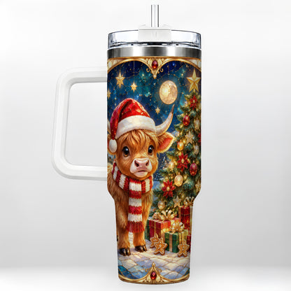 #pl[40oz|White] Stained Glass Christmas Cow 40oz Tumbler, Holiday Steel Travel Cup