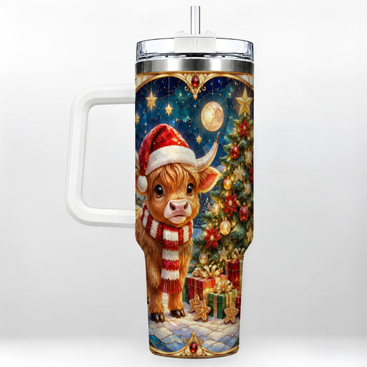 #pl[40oz|White] Stained Glass Christmas Cow 40oz Tumbler, Holiday Steel Travel Cup