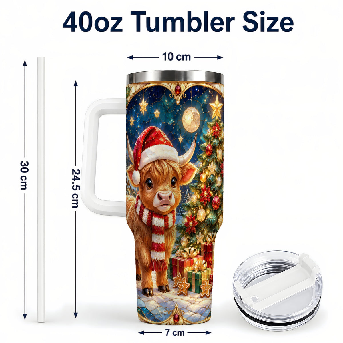#pl[40oz|White] Stained Glass Christmas Cow 40oz Tumbler, Holiday Steel Travel Cup
