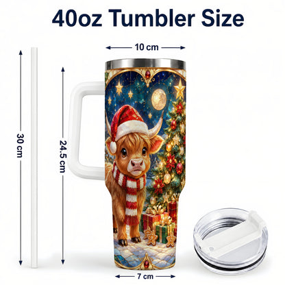 #pl[40oz|White] Stained Glass Christmas Cow 40oz Tumbler, Holiday Steel Travel Cup