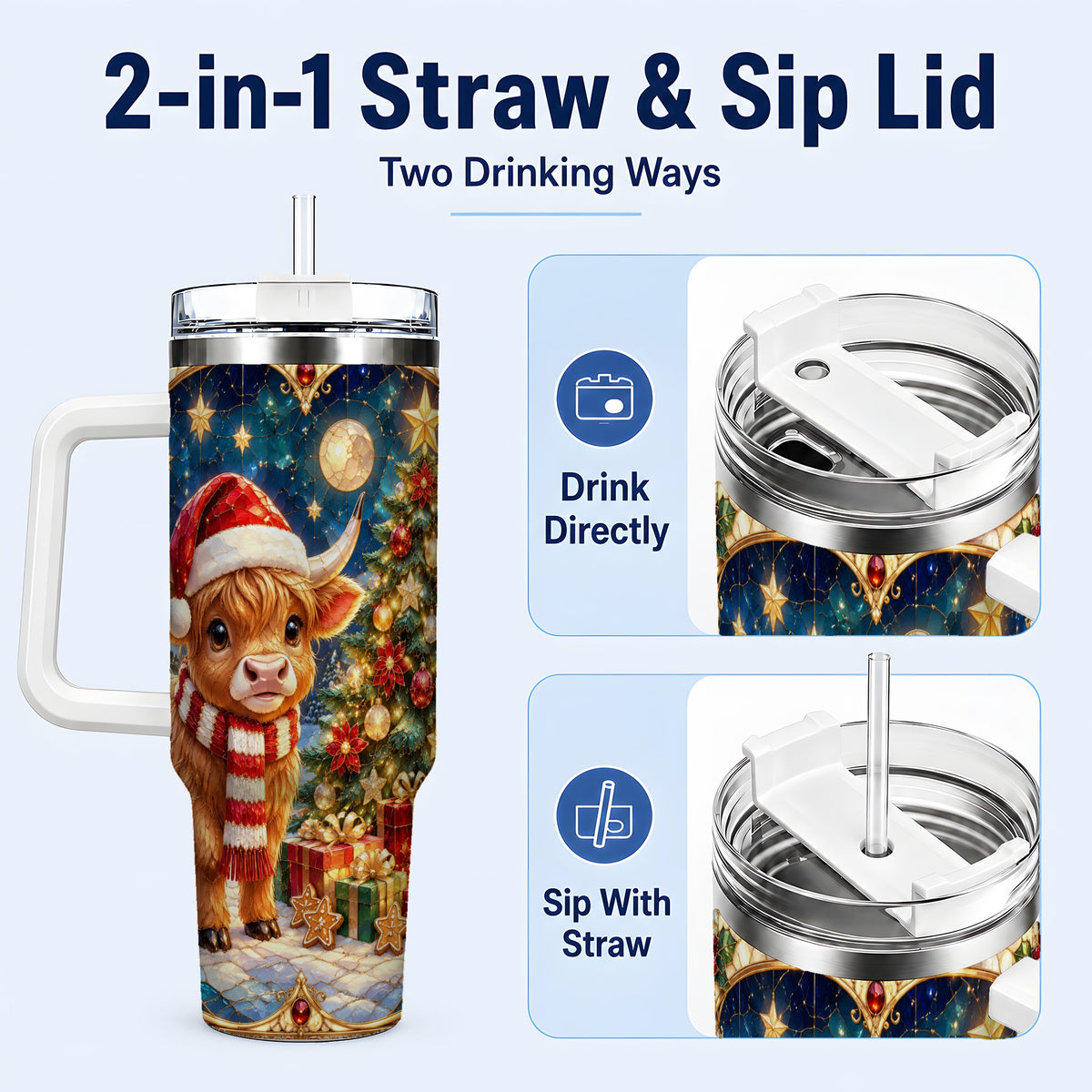 #pl[40oz|White] Stained Glass Christmas Cow 40oz Tumbler, Holiday Steel Travel Cup