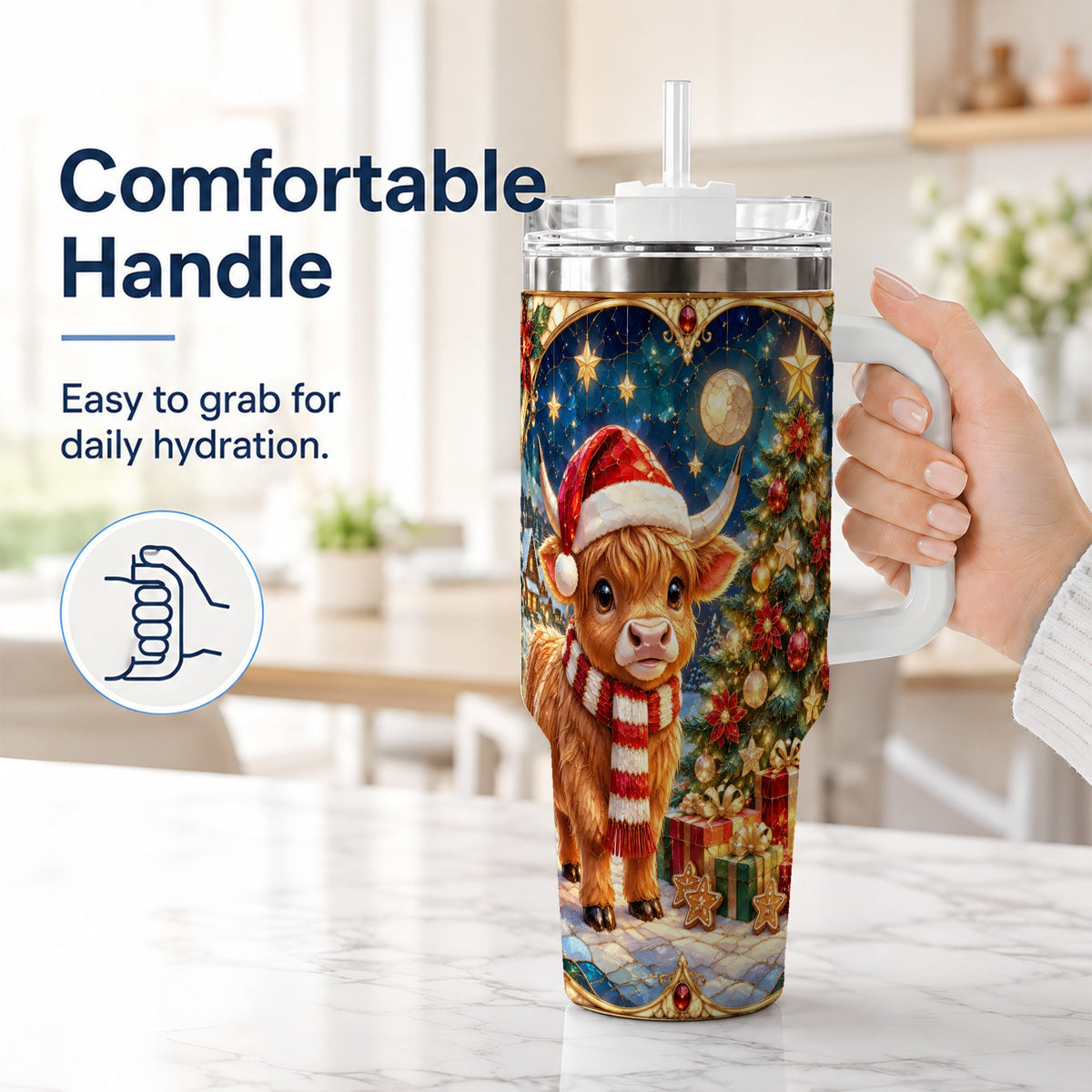 #pl[40oz|White] Stained Glass Christmas Cow 40oz Tumbler, Holiday Steel Travel Cup