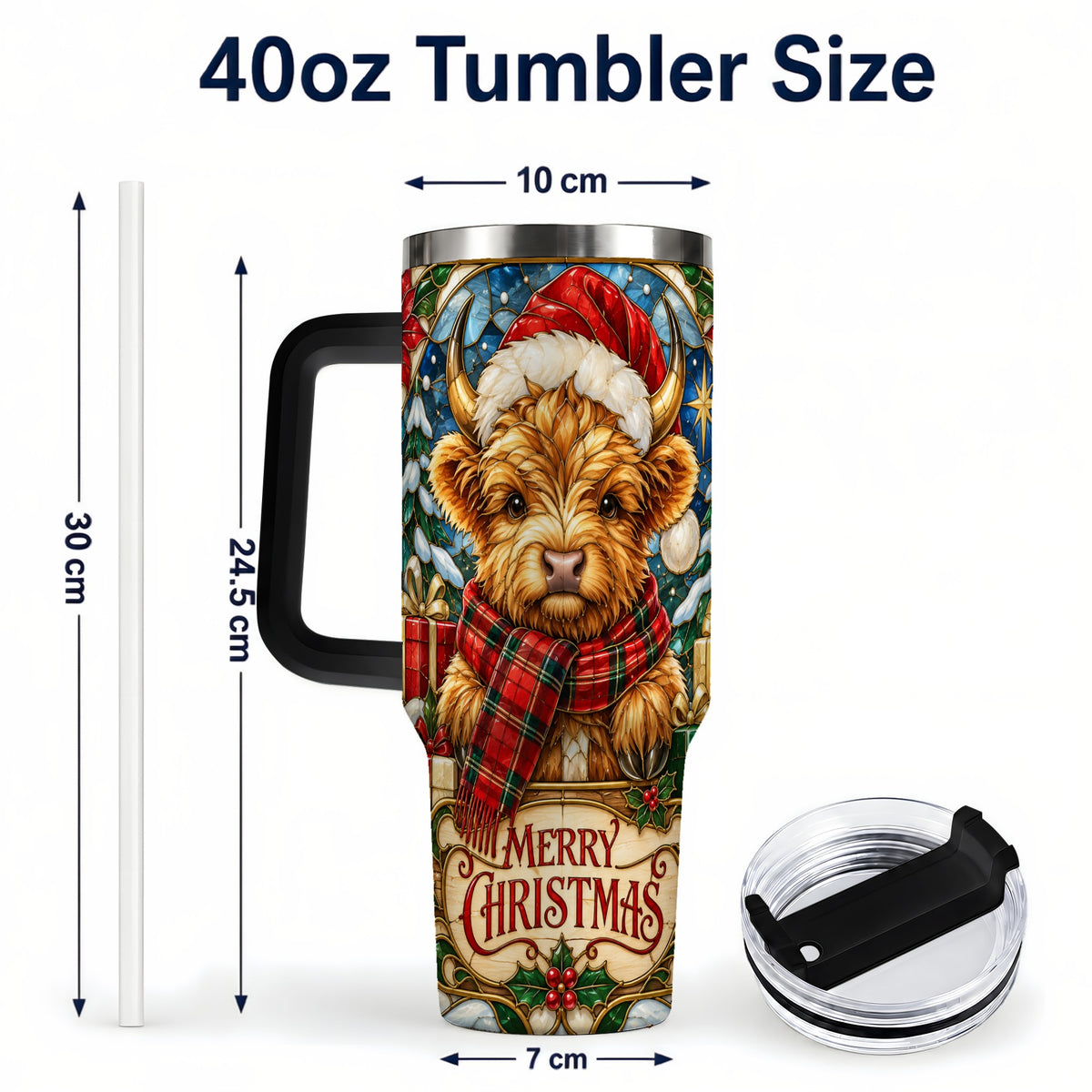 #pl[40oz|Black] Merry Christmas Highland Cow 40oz Tumbler, Holiday Steel Travel Cup
