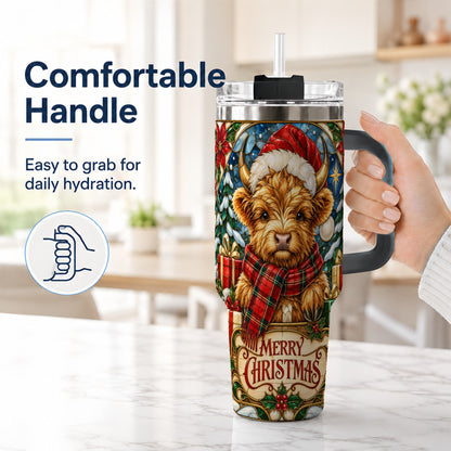 #pl[40oz|Black] Merry Christmas Highland Cow 40oz Tumbler, Holiday Steel Travel Cup