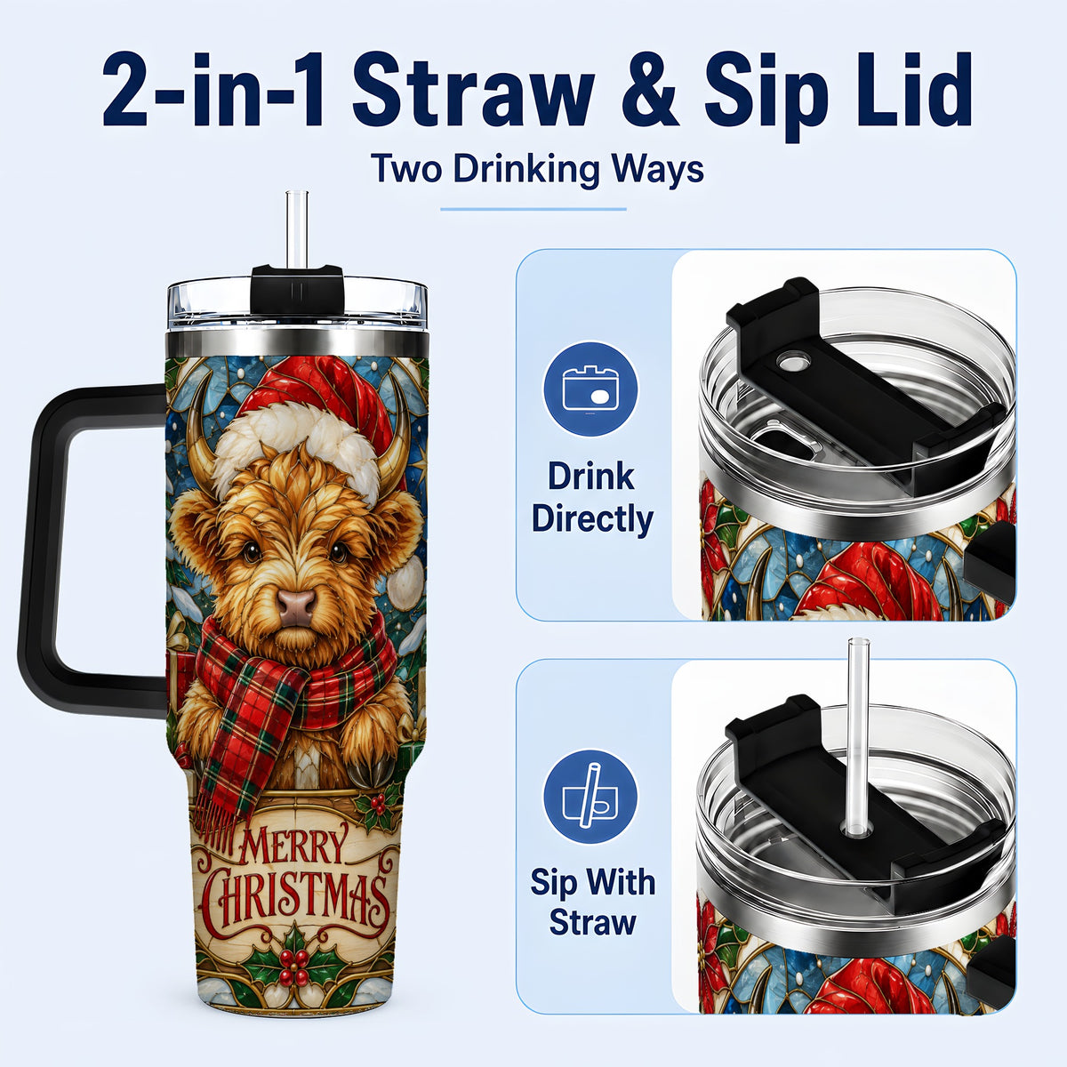 #pl[40oz|Black] Merry Christmas Highland Cow 40oz Tumbler, Holiday Steel Travel Cup