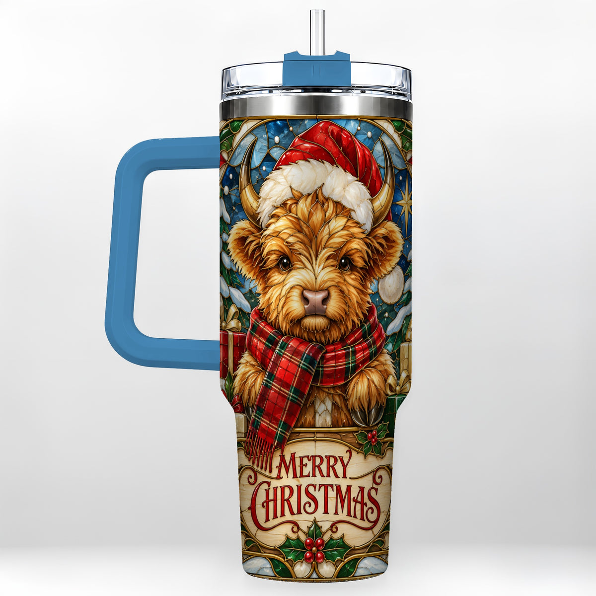#pl[40oz|Blue] Merry Christmas Highland Cow 40oz Tumbler, Holiday Steel Travel Cup