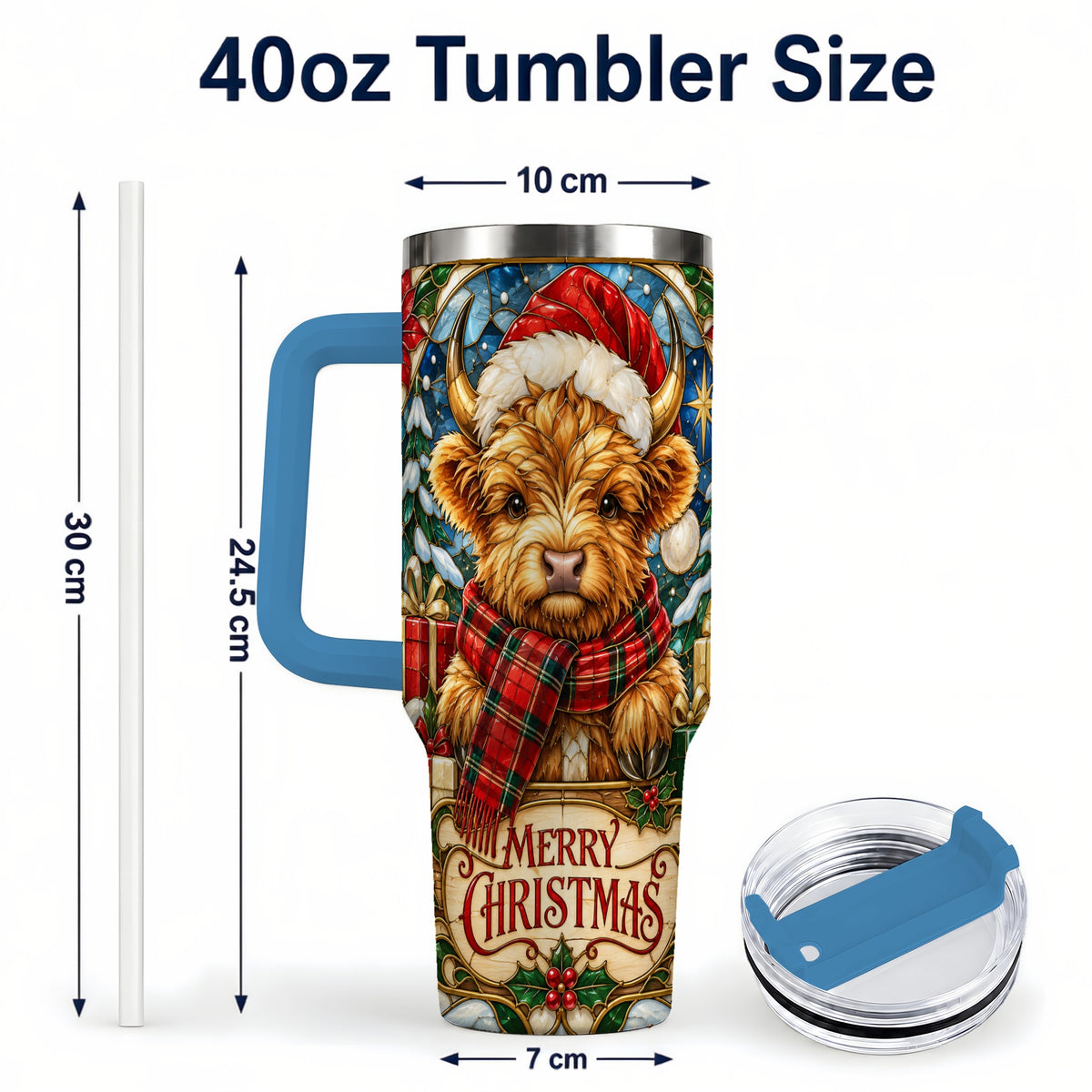 #pl[40oz|Blue] Merry Christmas Highland Cow 40oz Tumbler, Holiday Steel Travel Cup
