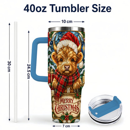 #pl[40oz|Blue] Merry Christmas Highland Cow 40oz Tumbler, Holiday Steel Travel Cup