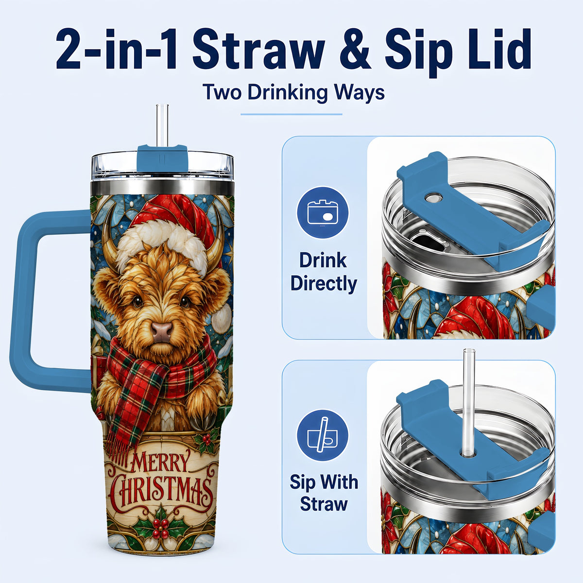 #pl[40oz|Blue] Merry Christmas Highland Cow 40oz Tumbler, Holiday Steel Travel Cup