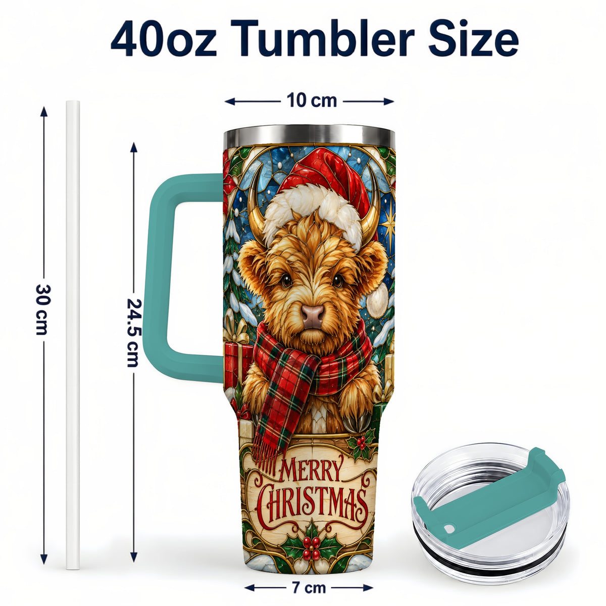 #pl[40oz|Green] Merry Christmas Highland Cow 40oz Tumbler, Holiday Steel Travel Cup