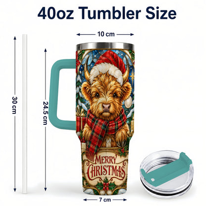 #pl[40oz|Green] Merry Christmas Highland Cow 40oz Tumbler, Holiday Steel Travel Cup