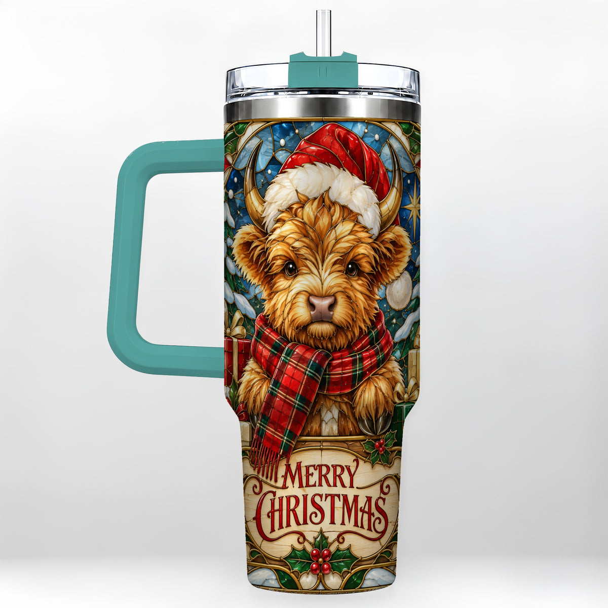 #pl[40oz|Green] Merry Christmas Highland Cow 40oz Tumbler, Holiday Steel Travel Cup