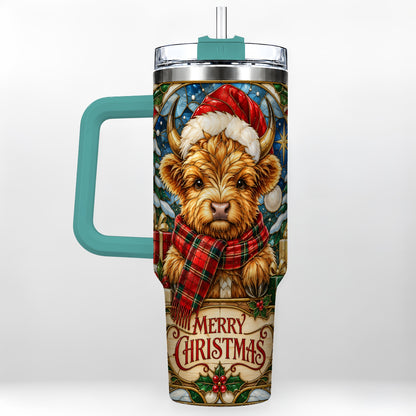#pl[40oz|Green] Merry Christmas Highland Cow 40oz Tumbler, Holiday Steel Travel Cup