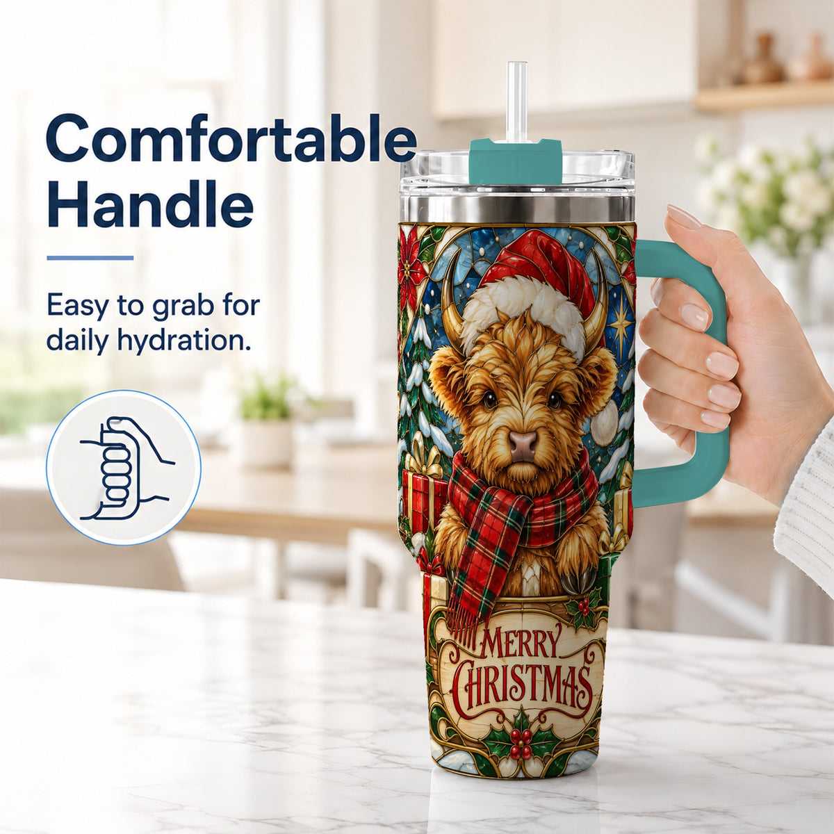 #pl[40oz|Green] Merry Christmas Highland Cow 40oz Tumbler, Holiday Steel Travel Cup