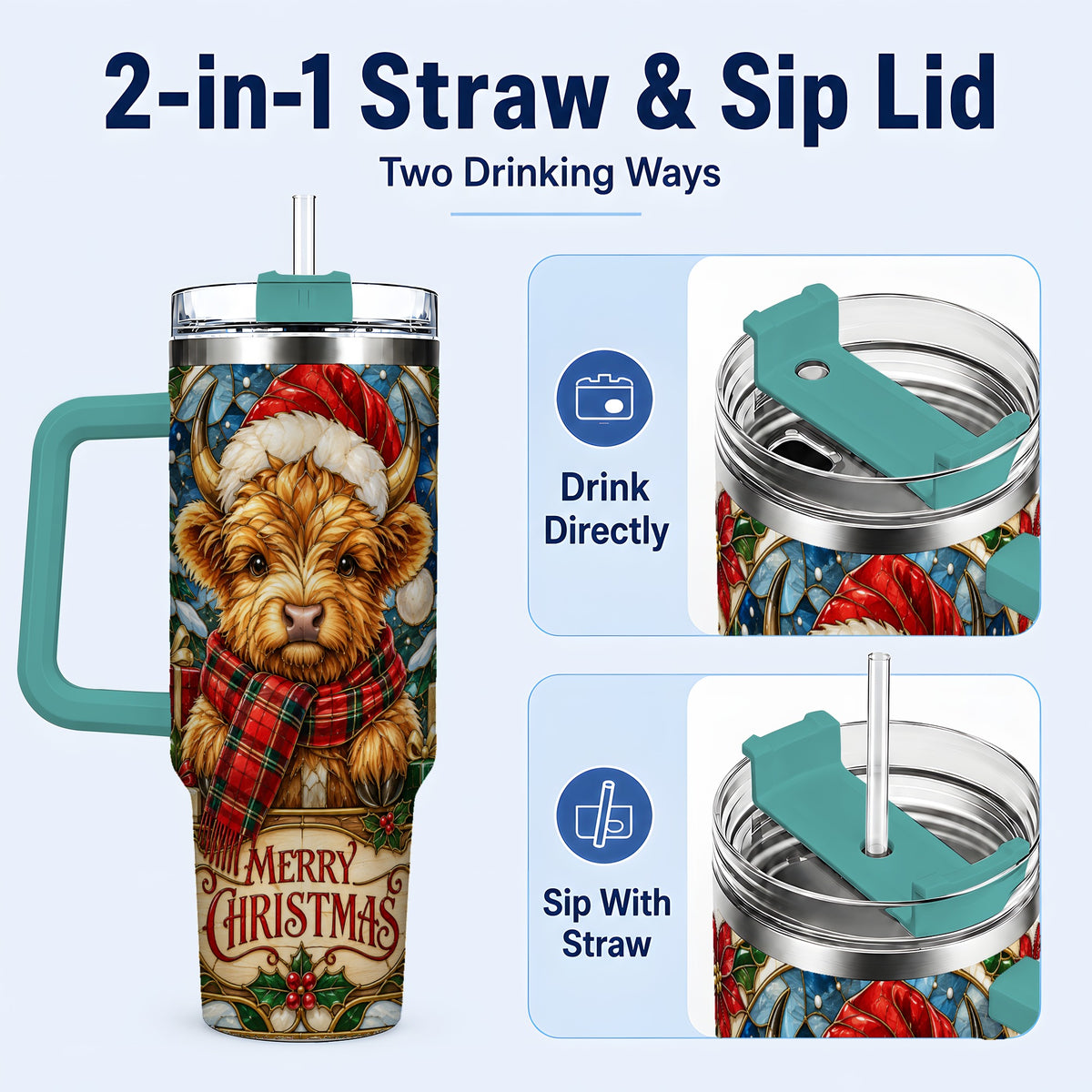 #pl[40oz|Green] Merry Christmas Highland Cow 40oz Tumbler, Holiday Steel Travel Cup
