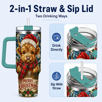 #pl[40oz|Green] Merry Christmas Highland Cow 40oz Tumbler, Holiday Steel Travel Cup