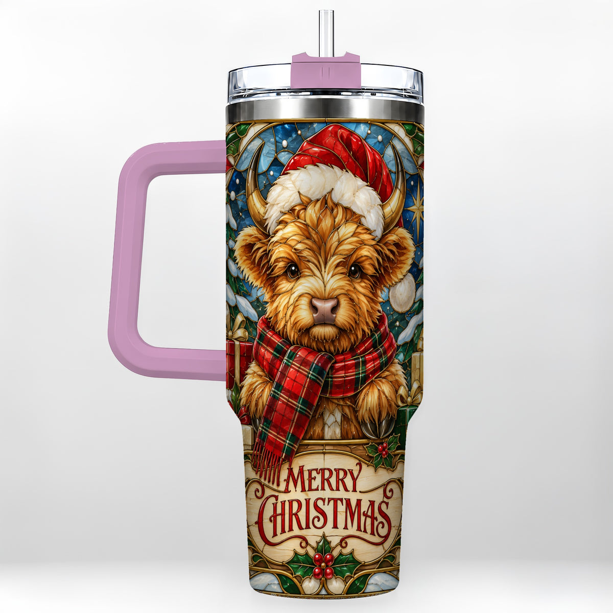#pl[40oz|Pink] Merry Christmas Highland Cow 40oz Tumbler, Holiday Steel Travel Cup