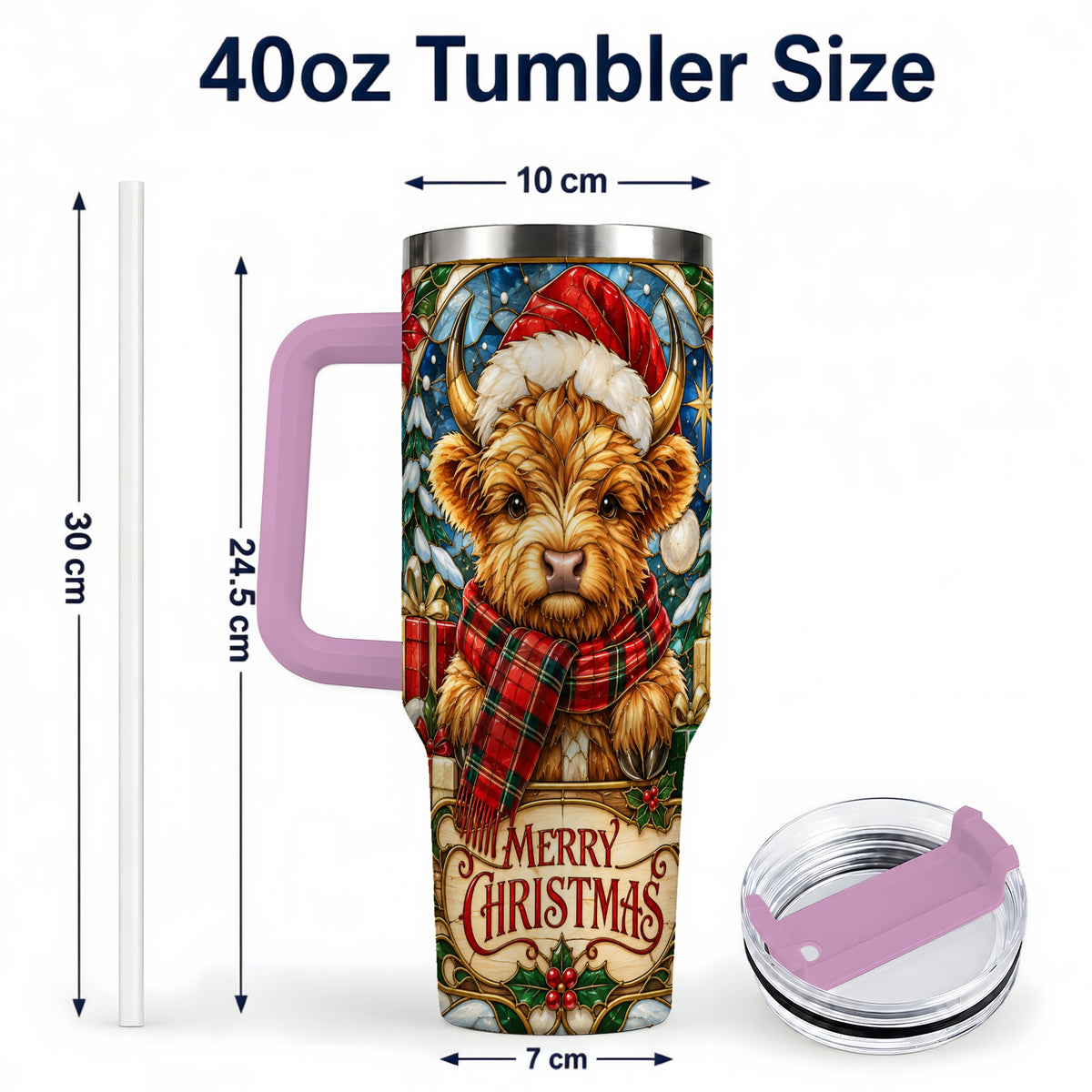 #pl[40oz|Pink] Merry Christmas Highland Cow 40oz Tumbler, Holiday Steel Travel Cup