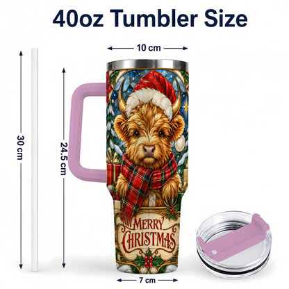 #pl[40oz|Pink] Merry Christmas Highland Cow 40oz Tumbler, Holiday Steel Travel Cup