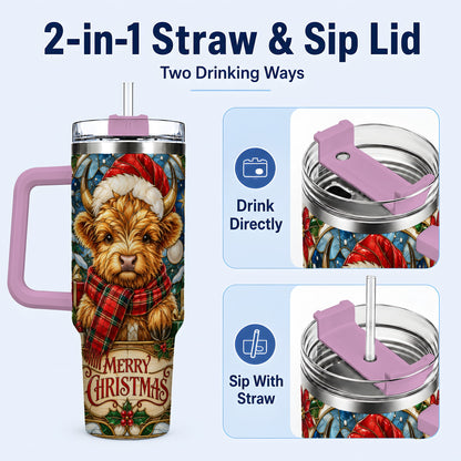 #pl[40oz|Pink] Merry Christmas Highland Cow 40oz Tumbler, Holiday Steel Travel Cup