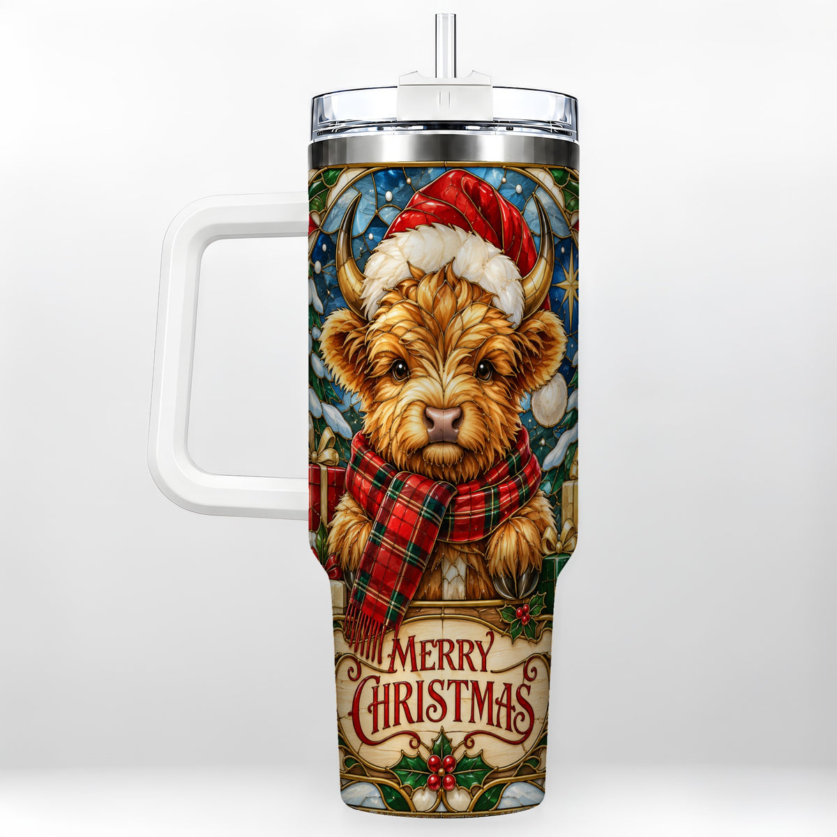 #pl[40oz|White] Merry Christmas Highland Cow 40oz Tumbler, Holiday Steel Travel Cup