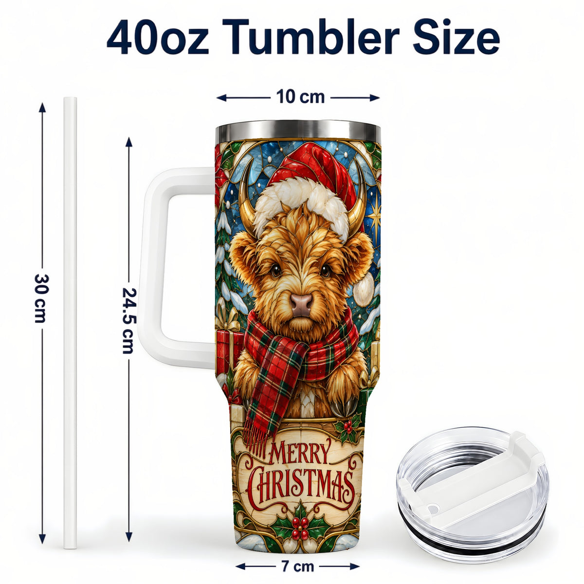 #pl[40oz|White] Merry Christmas Highland Cow 40oz Tumbler, Holiday Steel Travel Cup