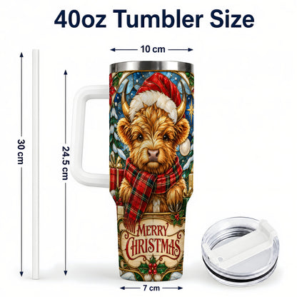 #pl[40oz|White] Merry Christmas Highland Cow 40oz Tumbler, Holiday Steel Travel Cup