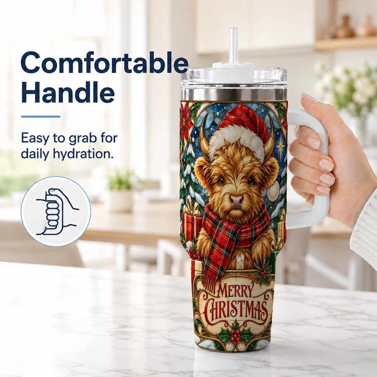 #pl[40oz|White] Merry Christmas Highland Cow 40oz Tumbler, Holiday Steel Travel Cup