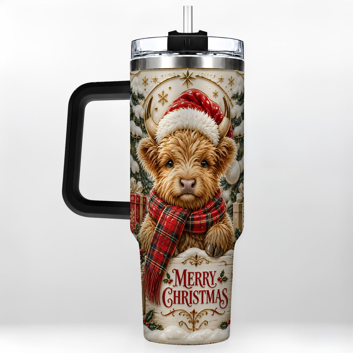 #pl[40oz|Black] Snowy Christmas Highland Cow 40oz Tumbler, Holiday Steel Travel Cup
